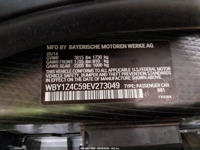 2014 Bmw I3 Base W/range Extender მანქანა იყიდება აუქციონზე, vin: WBY1Z4C59EV273049, აუქციონის ნომერი: 46217665