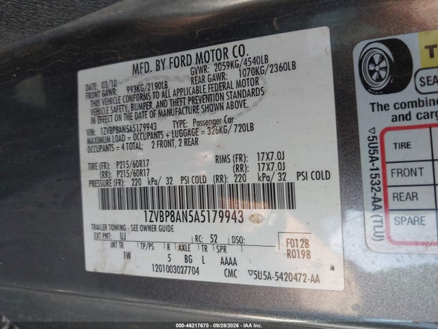 Продаж на аукціоні авто 2010 Ford Mustang V6/v6 Premium, vin: 1ZVBP8AN5A5179943, номер лоту: 46217670