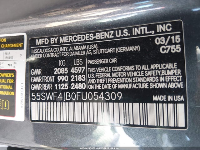 Продажа на аукционе авто 2015 Mercedes-benz C 300 Sport, vin: 55SWF4JB0FU054309, номер лота: 46217679
