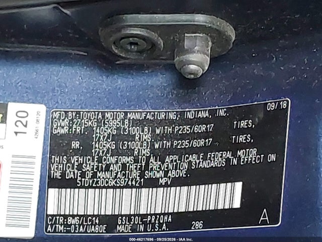 Aukcja sprzedaży 2019 Toyota Sienna Xle Premium 8 Passenger, vin: 5TDYZ3DC6KS974421, numer aukcji: 46217696