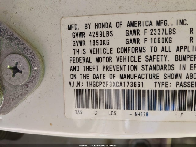 Продажа на аукционе авто 2012 Honda Accord Sdn Lx, vin: 1HGCP2F3XCA173661, номер лота: 46217708