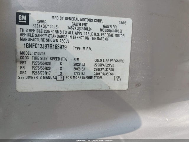 Продажа на аукционе авто 2007 Chevrolet Tahoe Lt, vin: 1GNFC13J97R163979, номер лота: 46217717