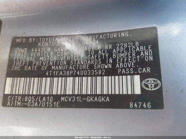 2004 Toyota Camry Solara Sle მანქანა იყიდება აუქციონზე, vin: 4T1FA38P74U033582, აუქციონის ნომერი: 46217733