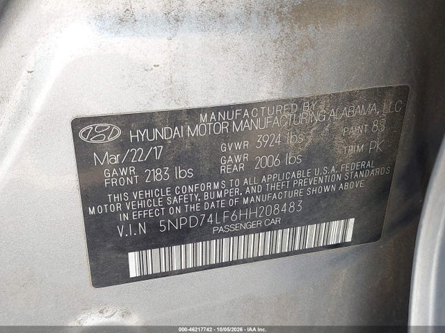 Продажа на аукционе авто 2017 Hyundai Elantra Se, vin: 5NPD74LF6HH208483, номер лота: 46217742