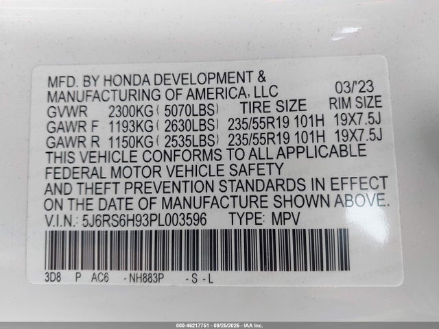 2023 Honda Cr-v Hybrid Sport Touring მანქანა იყიდება აუქციონზე, vin: 5J6RS6H93PL003596, აუქციონის ნომერი: 46217751