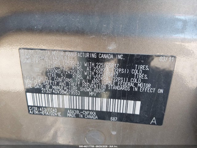 46217759 :رقم المزاد ، 2T3ZF4DV3BW079553 vin ، 2011 Toyota Rav4 مزاد بيع