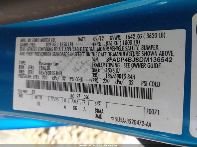 46217778 :رقم المزاد ، 3FADP4BJ8DM136542 vin ، 2013 Ford Fiesta Se مزاد بيع