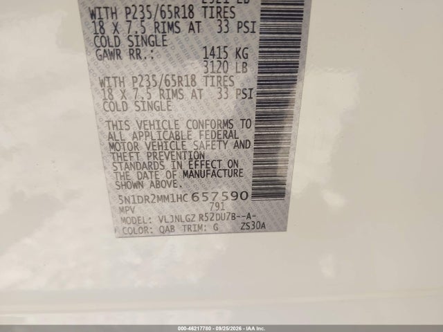 Продаж на аукціоні авто 2017 Nissan Pathfinder S/sv/sl/platinum, vin: 5N1DR2MM1HC657590, номер лоту: 46217780