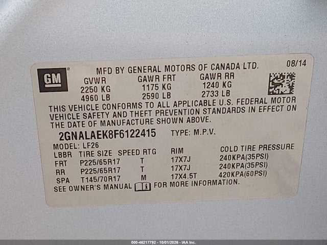 46217792 :رقم المزاد ، 2GNALAEK8F6122415 vin ، 2015 Chevrolet Equinox Ls مزاد بيع