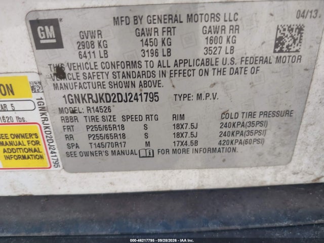 46217795 :رقم المزاد ، 1GNKRJKD2DJ241795 vin ، 2013 Chevrolet Traverse 2lt مزاد بيع