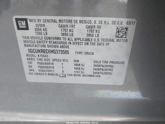 Aukcja sprzedaży 2017 Chevrolet Silverado 1500 1lt, vin: 3GCUKREC6HG373585, numer aukcji: 46217798