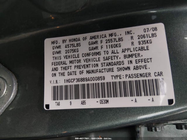 2009 Honda Accord 3.5 Ex-l მანქანა იყიდება აუქციონზე, vin: 1HGCP36889A000859, აუქციონის ნომერი: 46217801