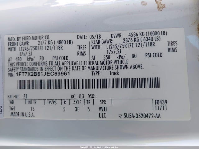 Aukcja sprzedaży 2018 Ford F-250 Xl, vin: 1FT7X2B61JEC69961, numer aukcji: 46217811