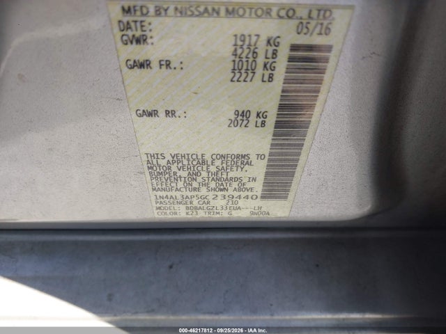 46217812 :رقم المزاد ، 1N4AL3AP5GC239440 vin ، 2016 Nissan Altima 2.5 S مزاد بيع