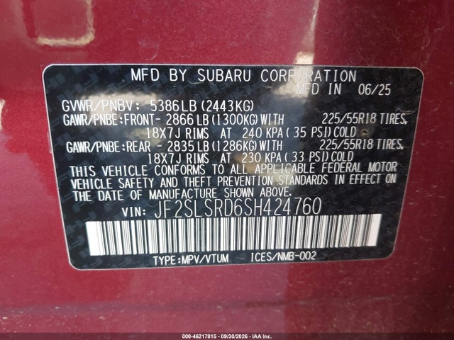 Продаж на аукціоні авто 2025 Subaru Forester Limited Hybrid, vin: JF2SLSRD6SH424760, номер лоту: 46217815