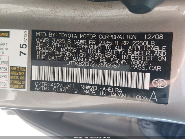 Aukcja sprzedaży 2009 Toyota Prius, vin: JTDKB20U297882987, numer aukcji: 46217829