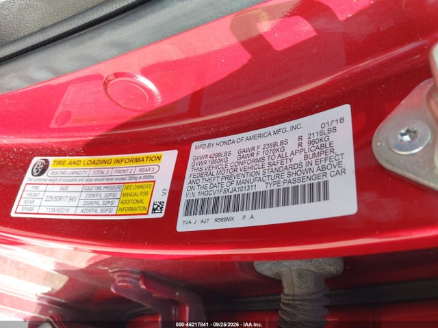 46217841 :رقم المزاد ، 1HGCV1F5XJA101311 vin ، 2018 Honda Accord Ex-l مزاد بيع