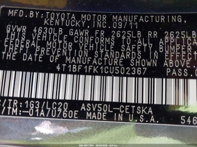 Продаж на аукціоні авто 2012 Toyota Camry Se, vin: 4T1BF1FK1CU502367, номер лоту: 46217851