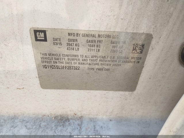 46217861 :رقم المزاد ، 1G11C5SL9FF287322 vin ، 2015 Chevrolet Malibu 1lt مزاد بيع