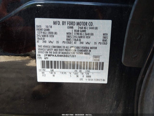 2019 Ford Edge Sel მანქანა იყიდება აუქციონზე, vin: 2FMPK4J94KBB27201, აუქციონის ნომერი: 46217865