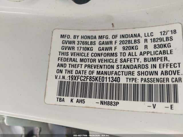 2019 Honda Civic Sport მანქანა იყიდება აუქციონზე, vin: 19XFC2F85KE011340, აუქციონის ნომერი: 46217866