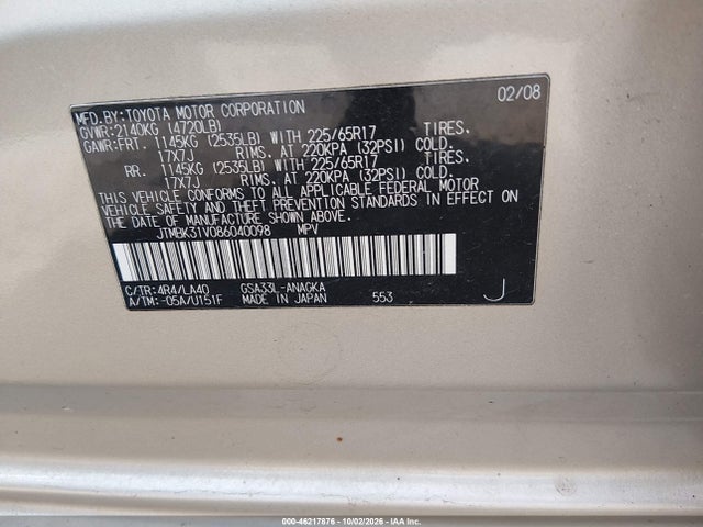 46217876 :رقم المزاد ، JTMBK31V086040098 vin ، 2008 Toyota Rav4 Limited V6 مزاد بيع