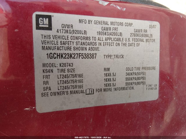 46217878 :رقم المزاد ، 1GCHK23K27F538387 vin ، 2007 Chevrolet Silverado 2500hd Lt1 مزاد بيع