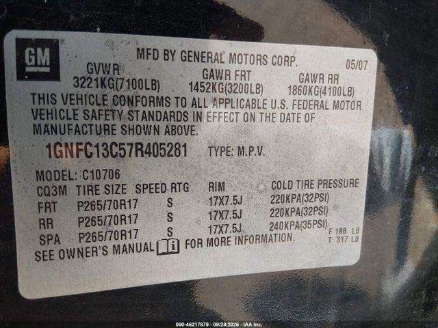 Aukcja sprzedaży 2007 Chevrolet Tahoe Ls, vin: 1GNFC13C57R405281, numer aukcji: 46217879