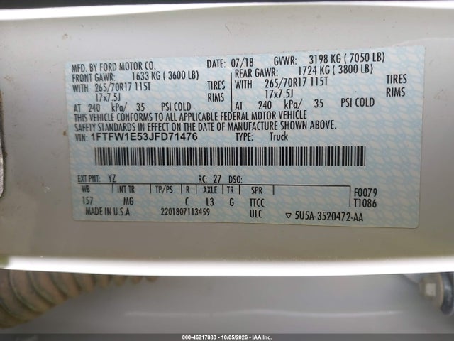 Продажа на аукционе авто 2018 Ford F-150 Xlt, vin: 1FTFW1E53JFD71476, номер лота: 46217883