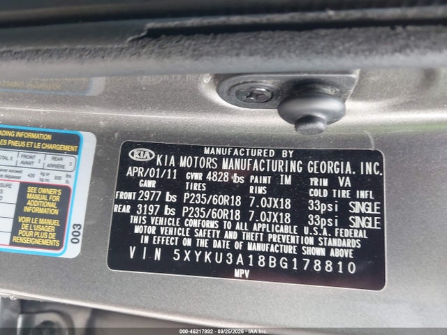 46217892 :رقم المزاد ، 5XYKU3A18BG178810 vin ، 2011 Kia Sorento Ex مزاد بيع