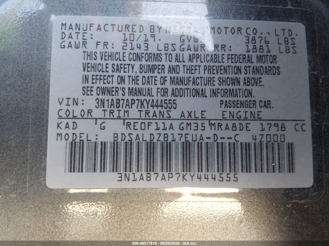 2019 Nissan Sentra Sv მანქანა იყიდება აუქციონზე, vin: 3N1AB7AP7KY444555, აუქციონის ნომერი: 46217918