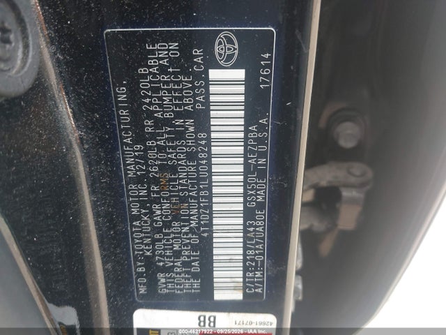 46217922 :رقم المزاد ، 4T1DZ1FB1LU048248 vin ، 2020 Toyota Avalon Limited مزاد بيع