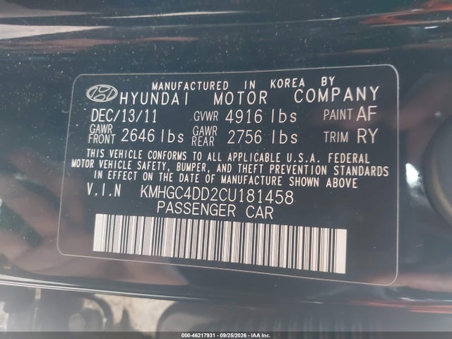 46217931 :رقم المزاد ، KMHGC4DD2CU181458 vin ، 2012 Hyundai Genesis 3.8 مزاد بيع