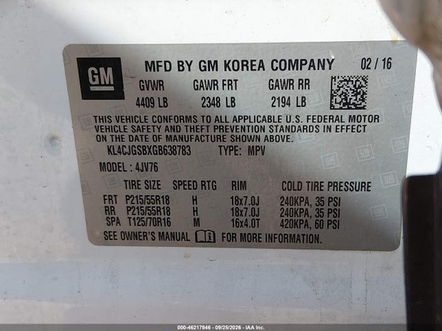 Aukcja sprzedaży 2016 Buick Encore Leather, vin: KL4CJGSBXGB638783, numer aukcji: 46217946