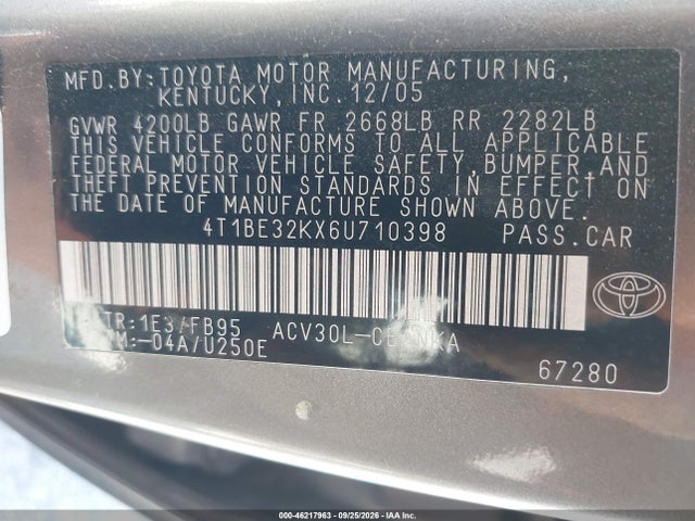 2006 Toyota Camry Le მანქანა იყიდება აუქციონზე, vin: 4T1BE32KX6U710398, აუქციონის ნომერი: 46217963