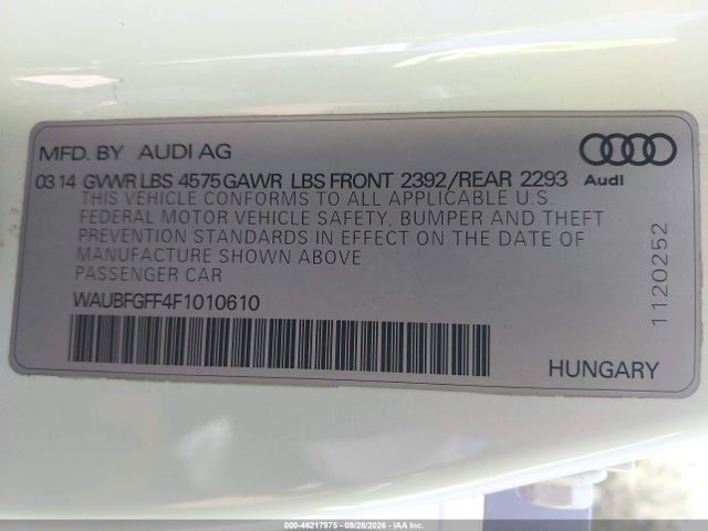 2015 Audi A3 2.0t Premium მანქანა იყიდება აუქციონზე, vin: WAUBFGFF4F1010610, აუქციონის ნომერი: 46217975