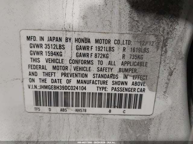 2013 Honda Fit მანქანა იყიდება აუქციონზე, vin: JHMGE8H39DC024104, აუქციონის ნომერი: 46217994