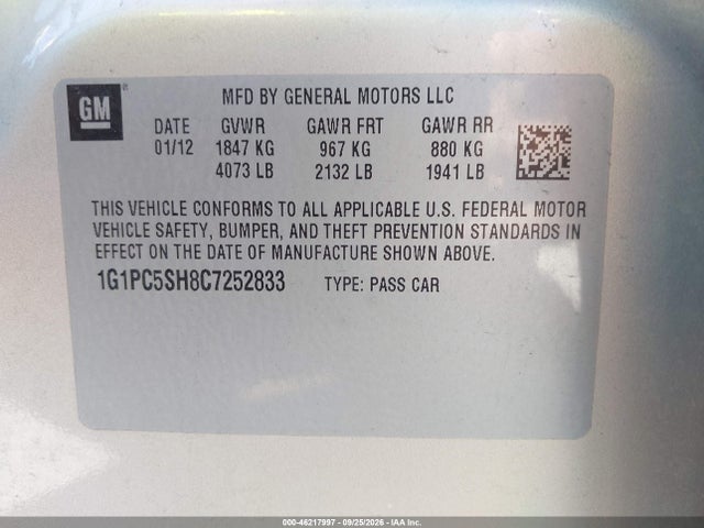 Aukcja sprzedaży 2012 Chevrolet Cruze Ls, vin: 1G1PC5SH8C7252833, numer aukcji: 46217997