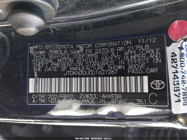Продаж на аукціоні авто 2013 Toyota Prius, vin: JTDKN3DU0D1627287, номер лоту: 46217998