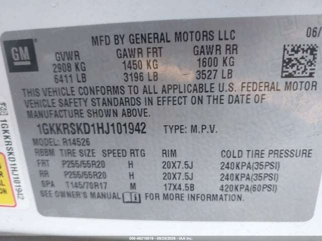 Продаж на аукціоні авто 2017 Gmc Acadia Limited, vin: 1GKKRSKD1HJ101942, номер лоту: 46218019