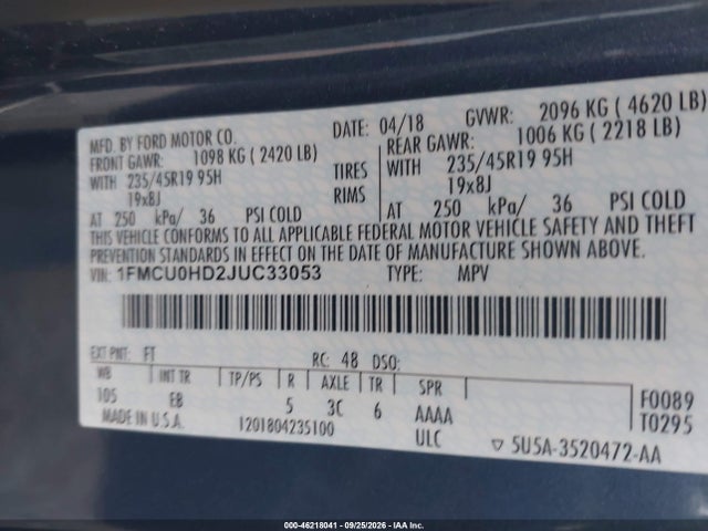 46218041 :رقم المزاد ، 1FMCU0HD2JUC33053 vin ، 2018 Ford Escape Sel مزاد بيع