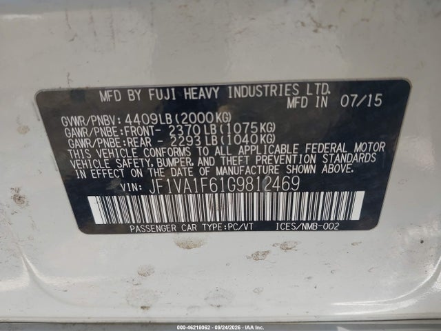 2016 Subaru Wrx Premium მანქანა იყიდება აუქციონზე, vin: JF1VA1F61G9812469, აუქციონის ნომერი: 46218062
