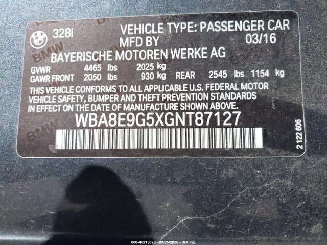 BMW 328I 2016 WBA8E9G5XGNT87127 Image 9