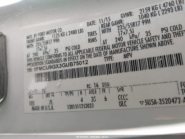46218075 :رقم المزاد ، 1FMCU9GX3GUB75012 vin ، 2016 Ford Escape Se مزاد بيع