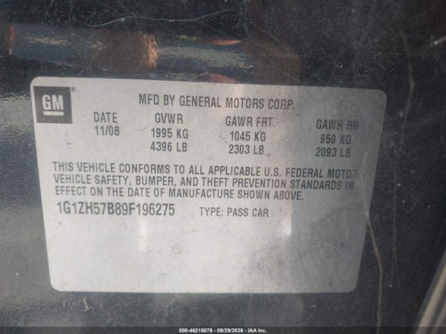 46218076 :رقم المزاد ، 1G1ZH57B89F196275 vin ، 2009 Chevrolet Malibu Lt مزاد بيع
