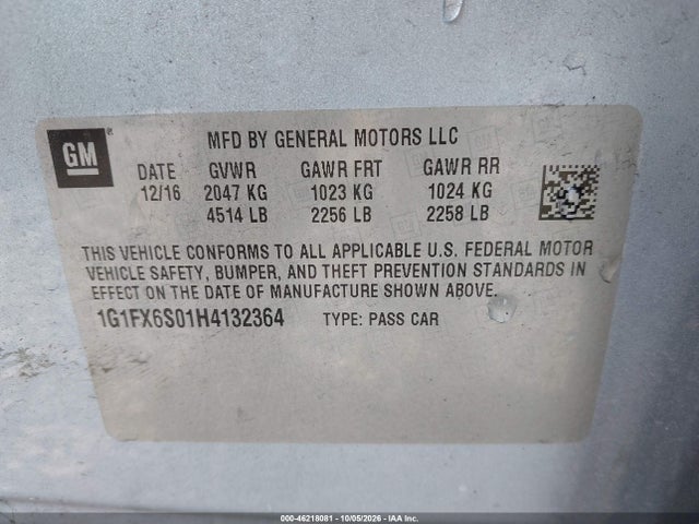 46218081 :رقم المزاد ، 1G1FX6S01H4132364 vin ، 2017 Chevrolet Bolt Ev Premier مزاد بيع