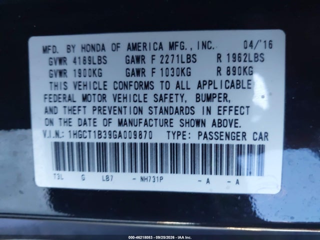 Aukcja sprzedaży 2016 Honda Accord Lx-s, vin: 1HGCT1B39GA009870, numer aukcji: 46218083
