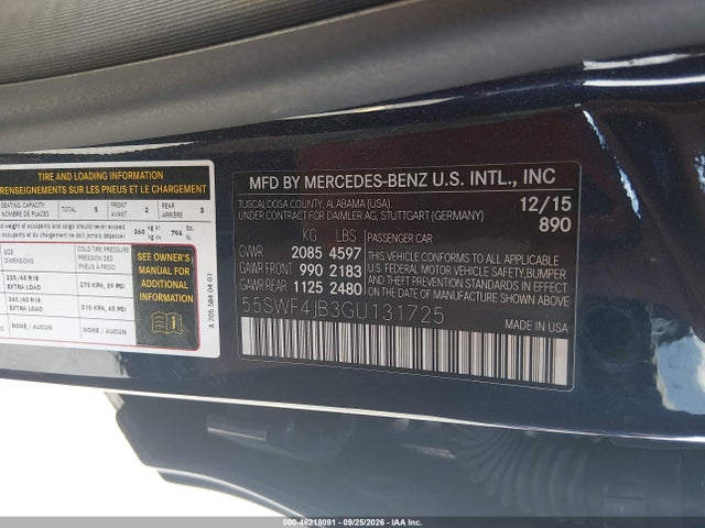 Продаж на аукціоні авто 2016 Mercedes-benz C 300, vin: 55SWF4JB3GU131725, номер лоту: 46218091