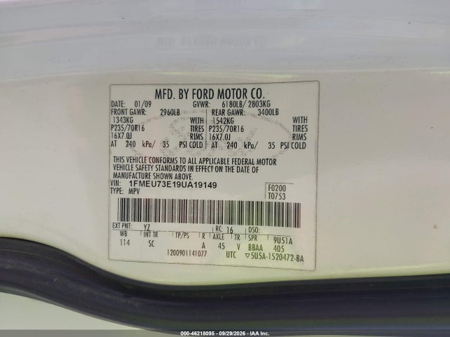 2009 Ford Explorer Xlt მანქანა იყიდება აუქციონზე, vin: 1FMEU73E19UA19149, აუქციონის ნომერი: 46218095