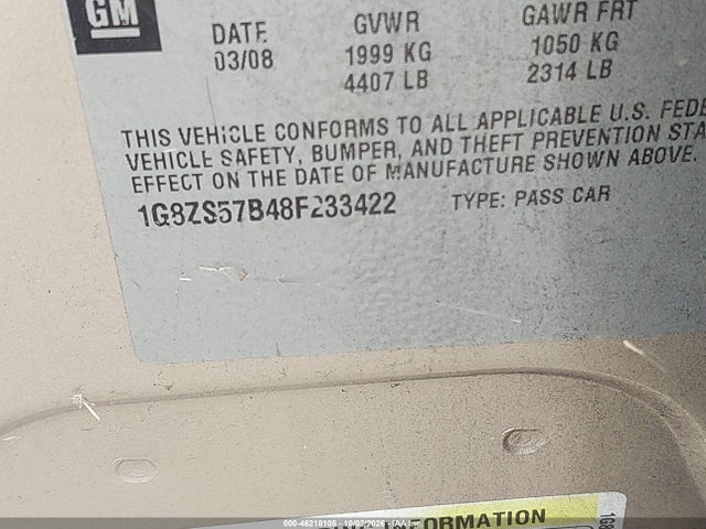 46218105 :رقم المزاد ، 1G8ZS57B48F233422 vin ، 2008 Saturn Aura Xe مزاد بيع